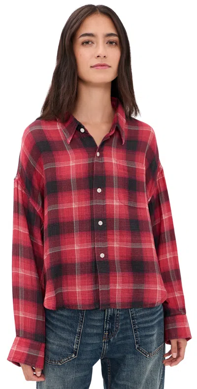 Denimist Bailey Cropped Button Down Shirt Red Black Plaid