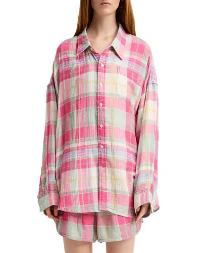 Denimist Button Front Shirt In Pink/green Plaid