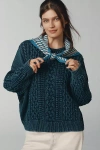 Shop Denimist Cotton Roll Neck Oversized Aran Pullover Sweater In Blue