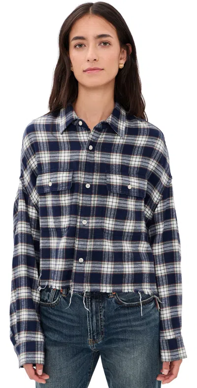 Denimist Cropped Work Shirt Navy Green White Plaid