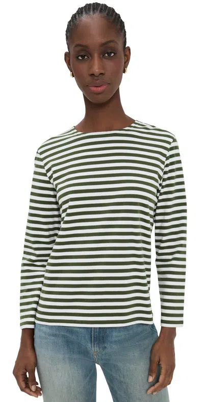 Denimist Long Sleeve Boat Neck Tee Olive Green Ecru Stripe In Multi