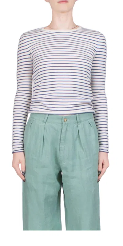 DENIMIST STRIPED SKINNY CREWNECK TOP IN CREAM W/ BLUE