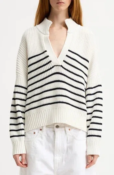 Denimist Striped Split Neck Sweater In White