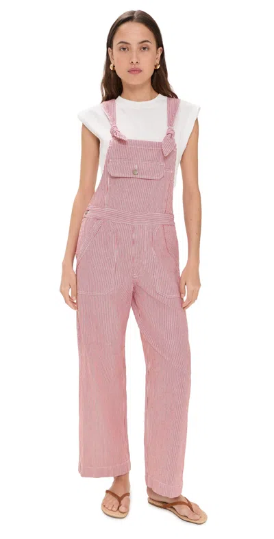 Denimist Tie Strap Relaxed Overalls Red Railroad Stripe In Pink