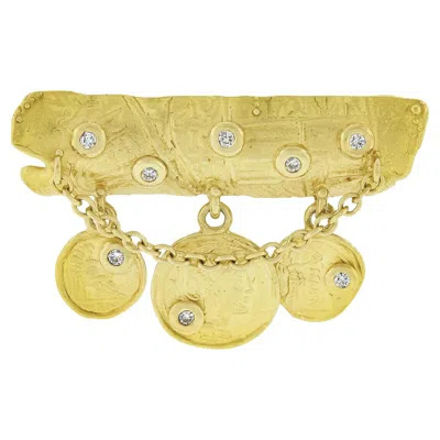 Pre-owned Denise Roberge 22k Gold Bezel Diamond Matte Ancient Coin Dangle Bar Pin Brooch In Multi