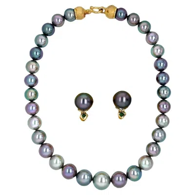 Pre-owned Denise Roberge 22k Yellow Gold Black Tahitian Pearl Necklace & Earring Set