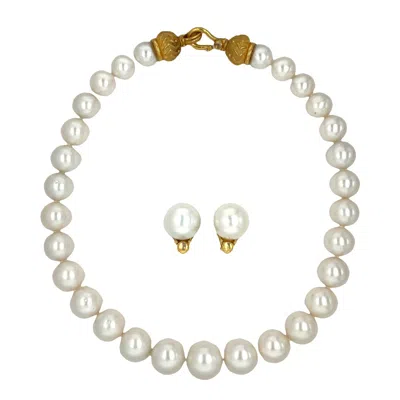 Pre-owned Denise Roberge 22k Yellow Gold White South Sea Pearl Necklace & Earring Set