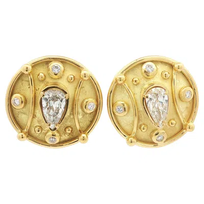 Pre-owned Denise Roberge Yellow Gold 3.74ctw Large Pear Bezel Round Diamond Round Earrings