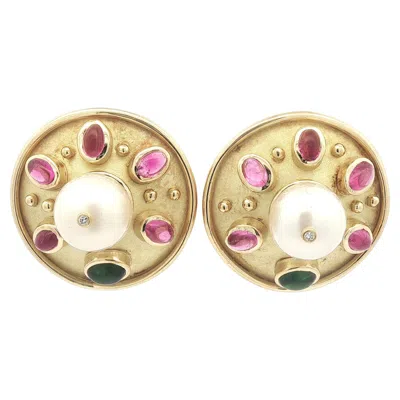 Pre-owned Denise Roberge Yellow Gold Pearl Tourmaline & Diamond Large Button Earrings