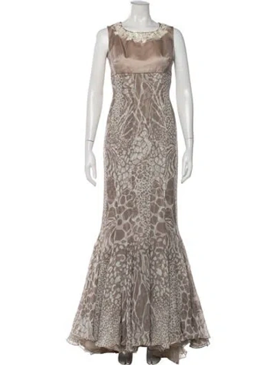 Pre-owned Dennis Basso Animal Print Long Dress In Neutral