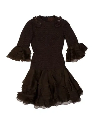 Pre-owned Dennis Basso Crew Neck Knee-length Dress In Brown
