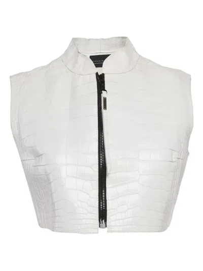 Pre-owned Dennis Basso Crocodile-embossed Leather Zip Vest In White