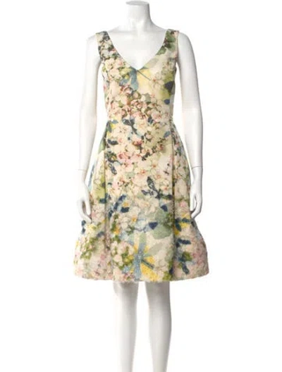 Pre-owned Dennis Basso Floral Print Knee-length Dress In Neutral