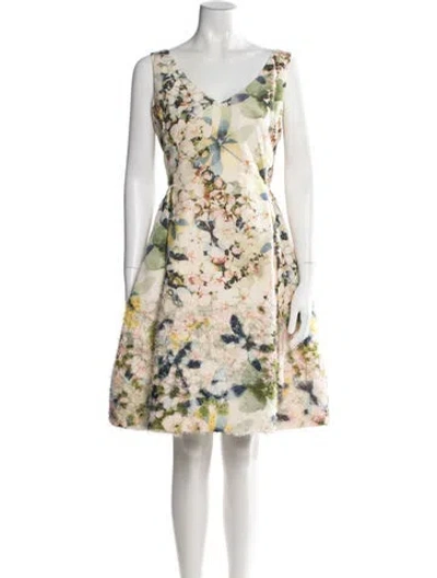 Pre-owned Dennis Basso Floral Print Knee-length Dress In Neutral