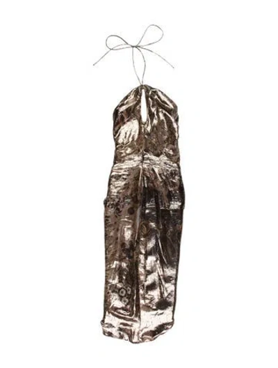 Pre-owned Dennis Basso Floral Print Long Dress In Brown