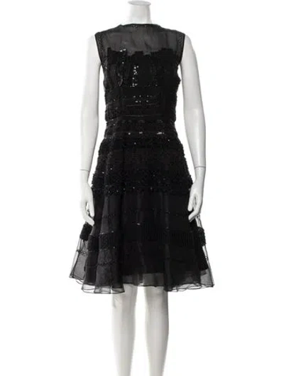 Pre-owned Dennis Basso Lace Pattern Knee-length Dress In Black