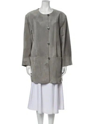 Pre-owned Dennis Basso Leather Faux Fur Coat In Gray