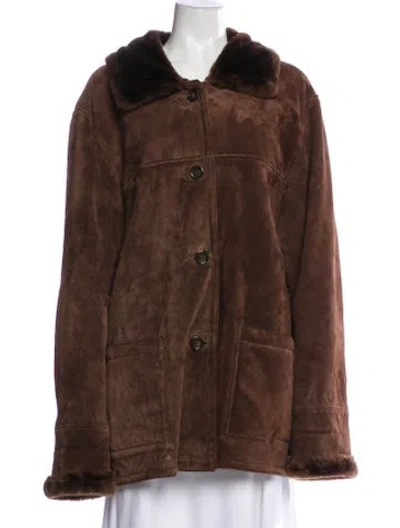 Pre-owned Dennis Basso Leather Printed Faux Fur Coat In Brown