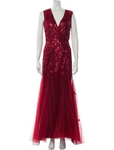 Pre-owned Dennis Basso V-neck Long Dress In Red