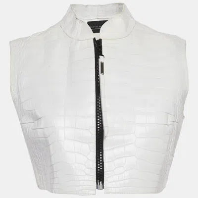 Pre-owned Dennis Basso White Leather Zip-up Crop Vest S