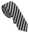 Denny Rose White Blue Striped Classic Adjustable  Silk Tie In Black