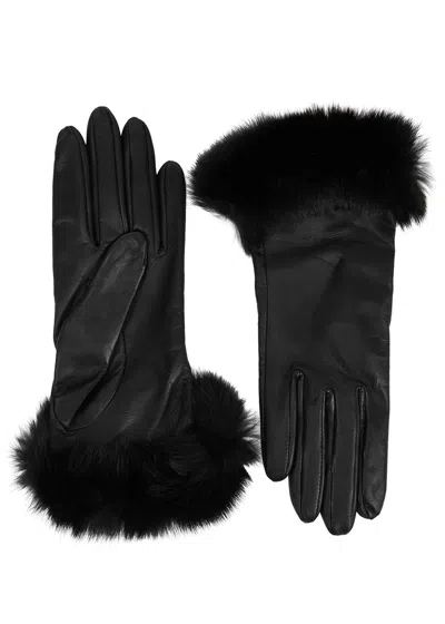 Dents Glamis Black Fur-trimmed Leather Gloves