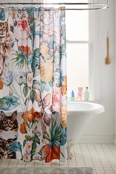 Deny Designs Burcu Korkmazyurek For Deny Cat And Floral Pattern Shower Curtain In Assorted At Urban Outfitters In Animal Print