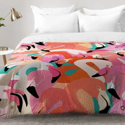 Deny Designs Flamingo Flock Comforter Set In Pink;orange