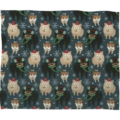 Deny Designs Pimlada Phuapradit Christmas Canine Pomeranian Throw Blanket In Blue;black;beige