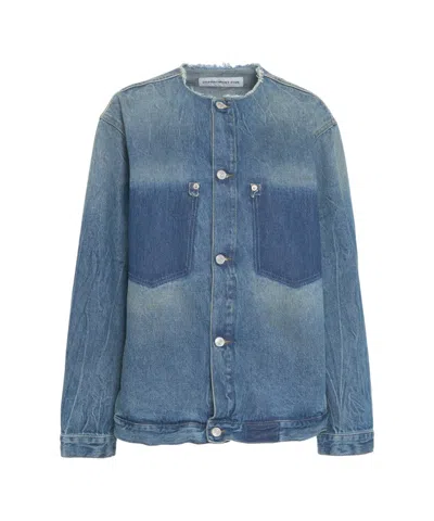 Department Five Collarless Blue Denim Jacket With Relaxed Fit And Textured Details