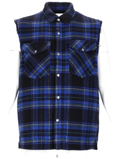 Department Five Sleeveless Plaid Shirt With Button-down Front And Flap Pockets In Blue