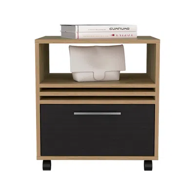 Depot E-shop Alsen Nightstand, 1 Drawer, 4 Wheels, 1 Shelf, Natural Oak / Black In Brown