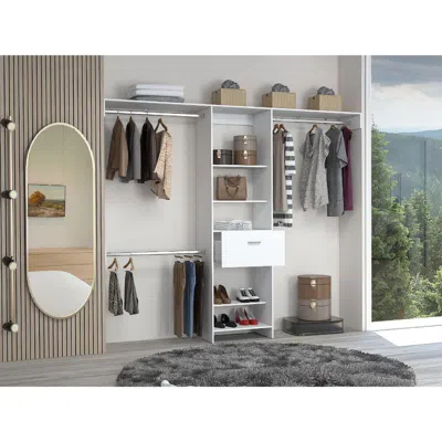 Depot E-shop Brisk Closet System, One Drawer, Three Metal Rods, Five Open Shelves-white, For Bedroom