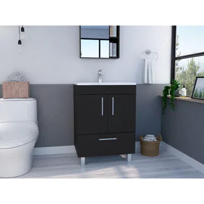 Depot E-shop Essential Single Bathroom Vanity, One Draw, Two-door Cabinet, Four Legs-black, For Bath