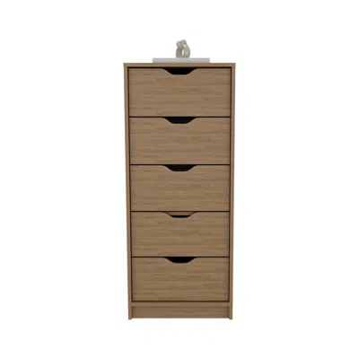 Depot E-shop Houma 5 Drawers Narrow Dresser, Slim Storage Chest Of Drawers, Natural Oak In Brown