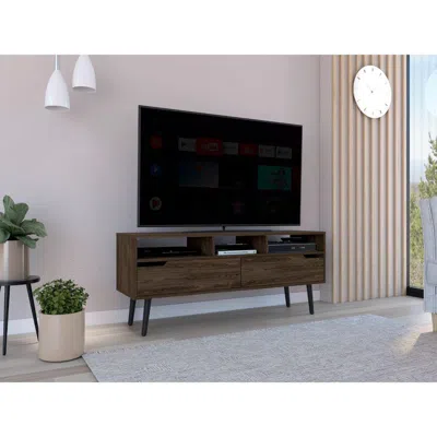 Depot E-shop Kobe Tv Stand, Countertop, Three Open Shelves, Two Flexible Drawers, Four Legs- Dark Wa In Brown