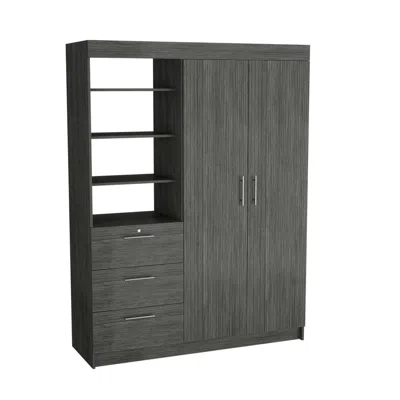 Depot E-shop Laurel 3-tier Shelf And Drawers Armoire With Metal Handles, Smokey Oak -bedroom In Gray