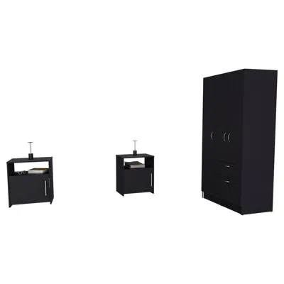 Depot E-shop Lubec 3 Piece Bedroom Set, Cartagena Armoire + 2 Omaha Nightstands, Black