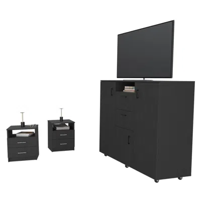 Depot E-shop Minto 3 Piece Bedroom Set, Milano Cabinet Dresser + 2 Salento Nightstands, Black