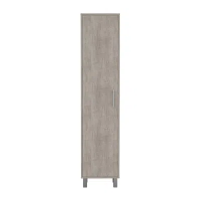 Depot E-shop Tall Narrow Storage Cabinet With 5-tier Shelf And Broom Hangers, Concrete Gray In Blue