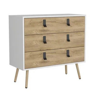 Depot E-shop Toka 3 Drawers Dresser With Handles And Wooden Legs, White / Macadamia -bedroom In Neutral