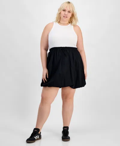 Derek Heart Trendy Plus Size Colorblocked Bubble-hem Dress In Bright White,black Beauty