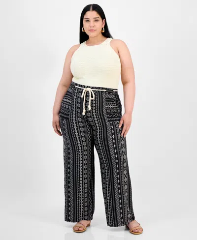Derek Heart Trendy Plus Size Printed Rope-belt Stretch Pants