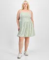 Derek Heart Trendy Plus Size Smocked Floral Bubble-hem Dress In Aqua Gray