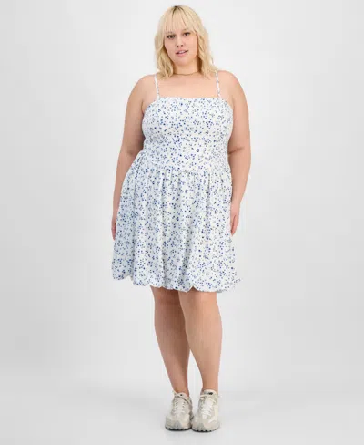 Derek Heart Trendy Plus Size Smocked Floral Bubble-hem Dress In Egret Blue