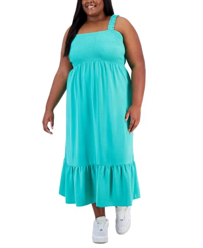 Derek Heart Trendy Plus Size Straight-neck Smocked Dress In Gumdrop Green