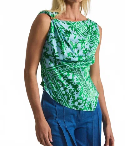 DEREK LAM 10 CROSBY ARIEL TILE PRINT ASYMMETRICAL TOP IN KELLY GREEN MULTI