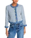 Derek Lam 10 Crosby Asuka Fringe Detail Cotton Blend Tweed Crop Jacket In Indigo Multi