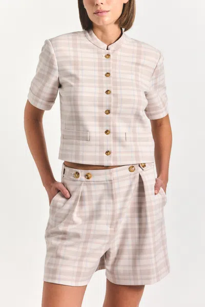 Derek Lam 10 Crosby Boswell Shorts- Taupe/blue Plaid In Multi