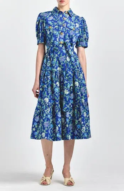 Derek Lam 10 Crosby Buffy Floral Print Tie Waist Tiered Midi Dress In Blue